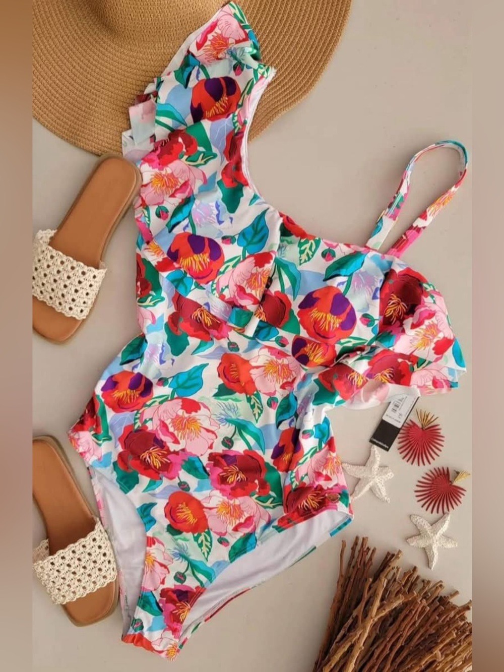 Catherine Malandrino Floral One-Shoulder Swimsuit in White, Pink & Red